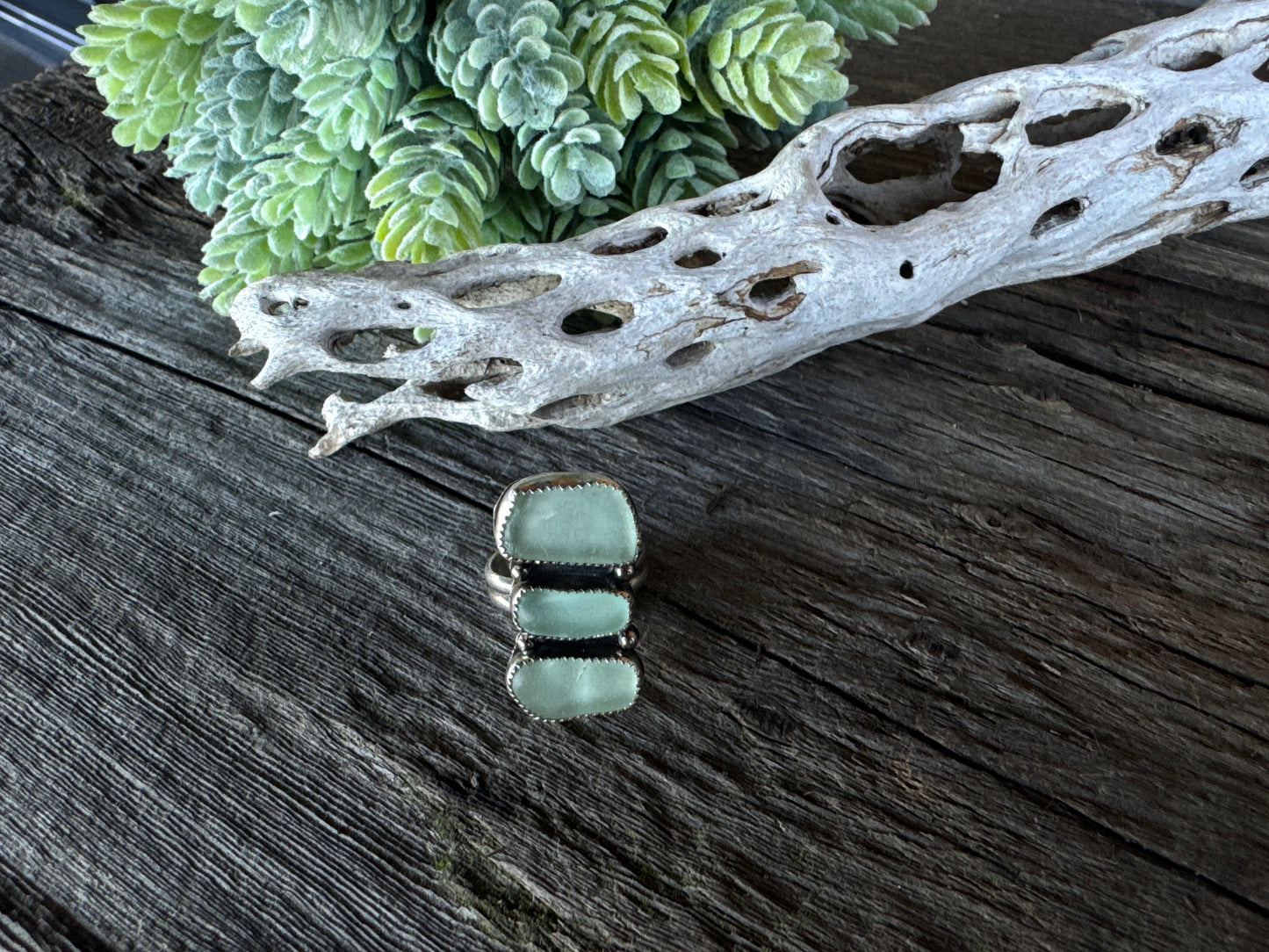 Sounds Of The Sea Ring - Sterling Silver And Natural Sea Glass Triple Stacker Ring