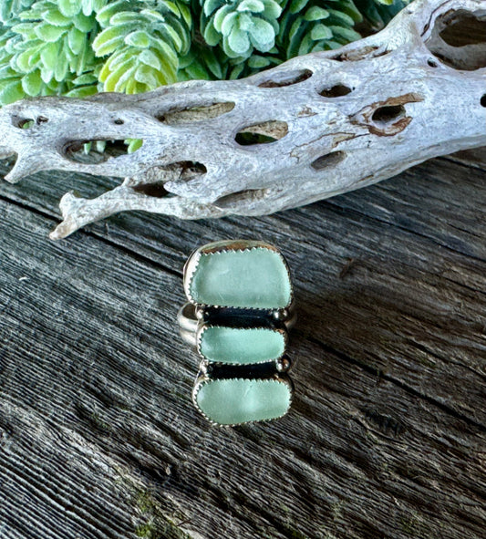 Sounds Of The Sea Ring - Sterling Silver And Natural Sea Glass Triple Stacker Ring