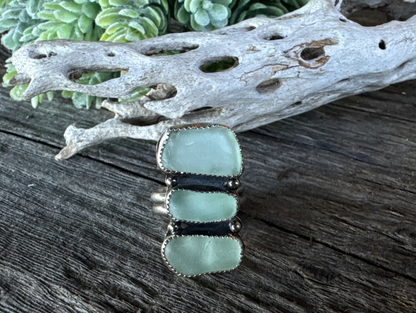 Sounds Of The Sea Ring - Sterling Silver And Natural Sea Glass Triple Stacker Ring
