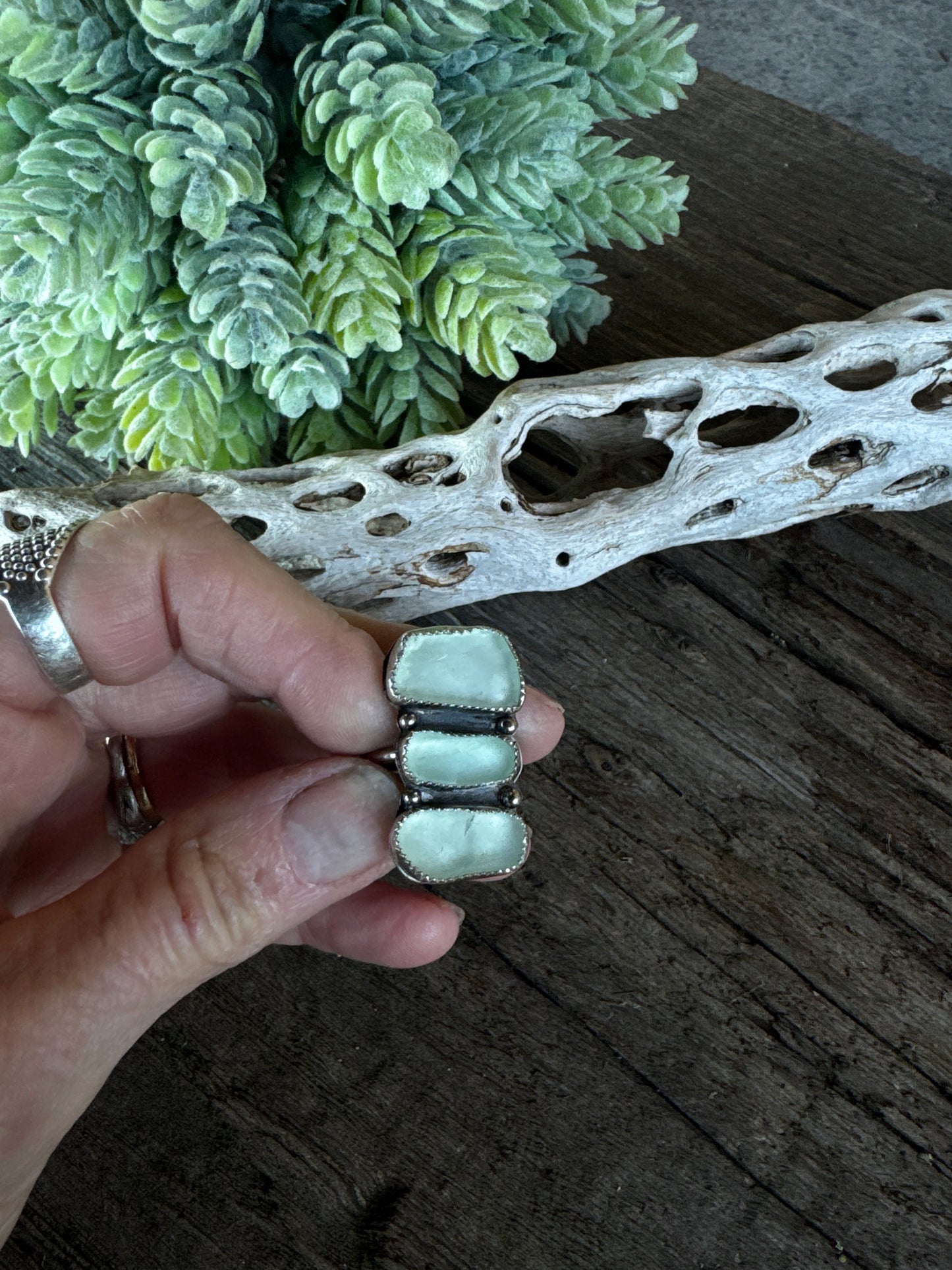 Sounds Of The Sea Ring - Sterling Silver And Natural Sea Glass Triple Stacker Ring