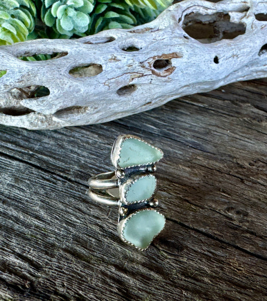 Sounds Of The Sea Ring - Sterling Silver And Natural Sea Glass Triple Stacker Ring