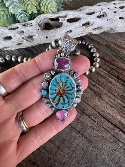 Desert Bloom Necklace - Turquoise Inlay Ammonite Sterling Silver With Sapphires Opal Kunzite Navajo Pearl