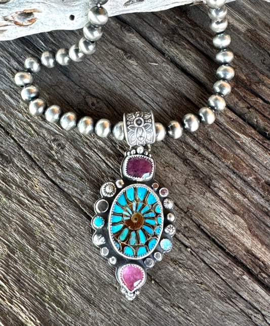 Desert Bloom Necklace - Turquoise Inlay Ammonite Sterling Silver With Sapphires Opal Kunzite Navajo Pearl