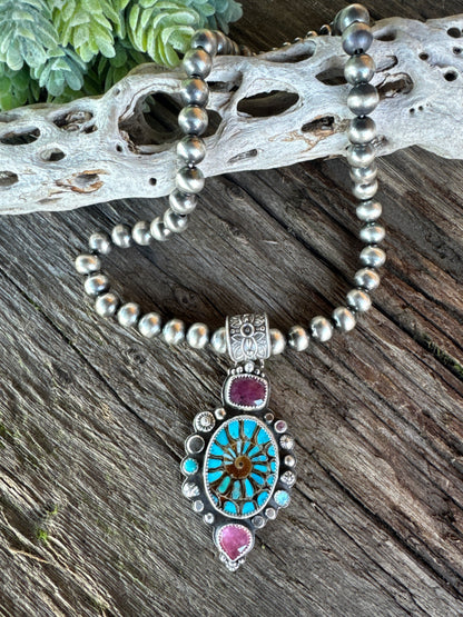 Desert Bloom Necklace - Turquoise Inlay Ammonite Sterling Silver With Sapphires Opal Kunzite Navajo Pearl
