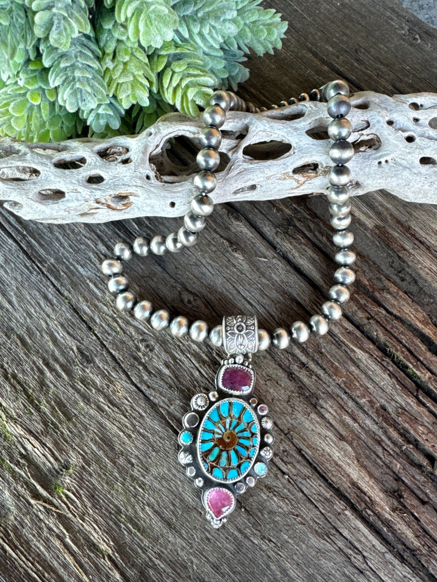 Desert Bloom Necklace - Turquoise Inlay Ammonite Sterling Silver With Sapphires Opal Kunzite Navajo Pearl