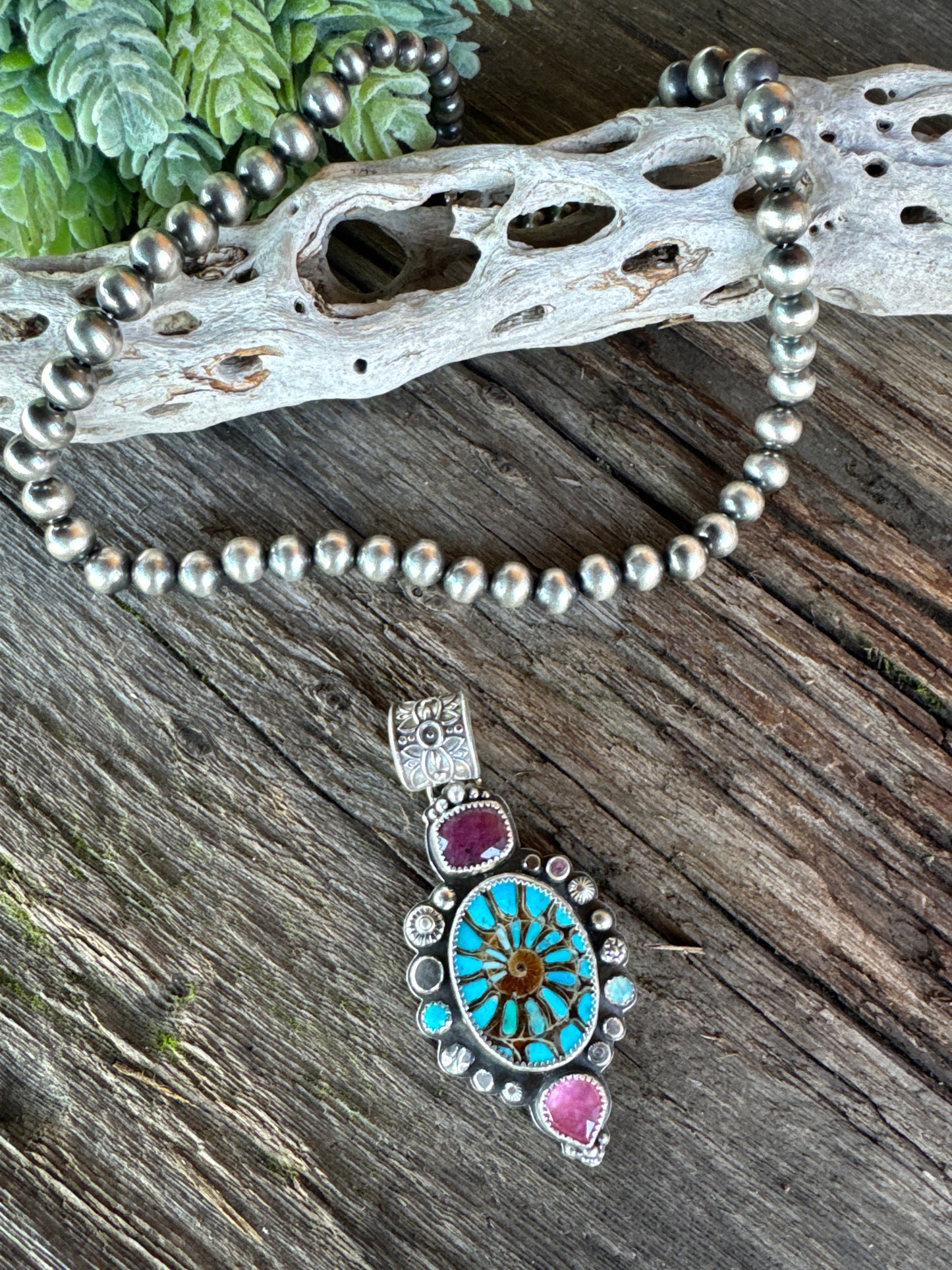 Desert Bloom Necklace - Turquoise Inlay Ammonite Sterling Silver With Sapphires Opal Kunzite Navajo Pearl