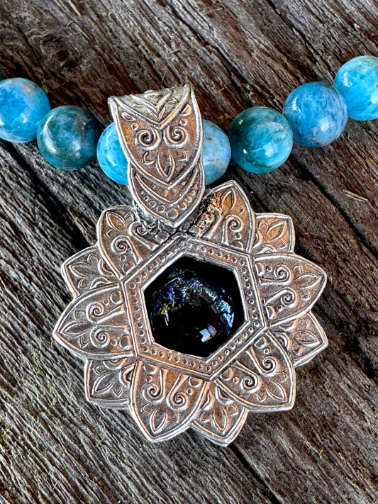 Into The Deep Necklace - Dichroic Glass Sterling Silver Shadow Box Pendant With Appetite And Sterling Silver Beaded Chain