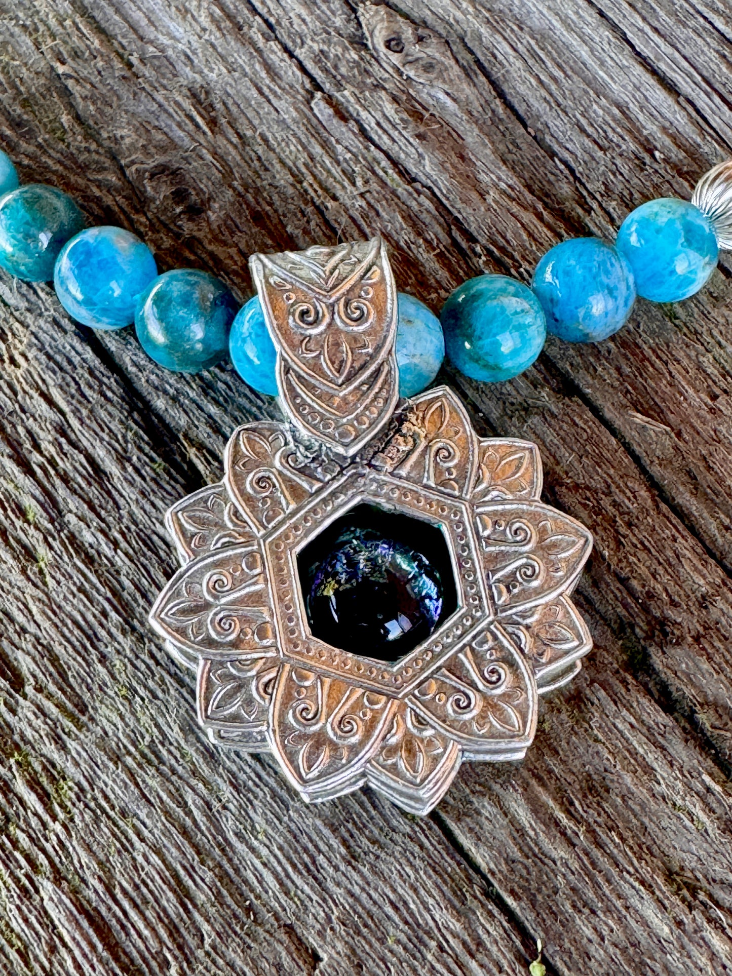 Into The Deep Necklace - Dichroic Glass Sterling Silver Shadow Box Pendant With Appetite And Sterling Silver Beaded Chain