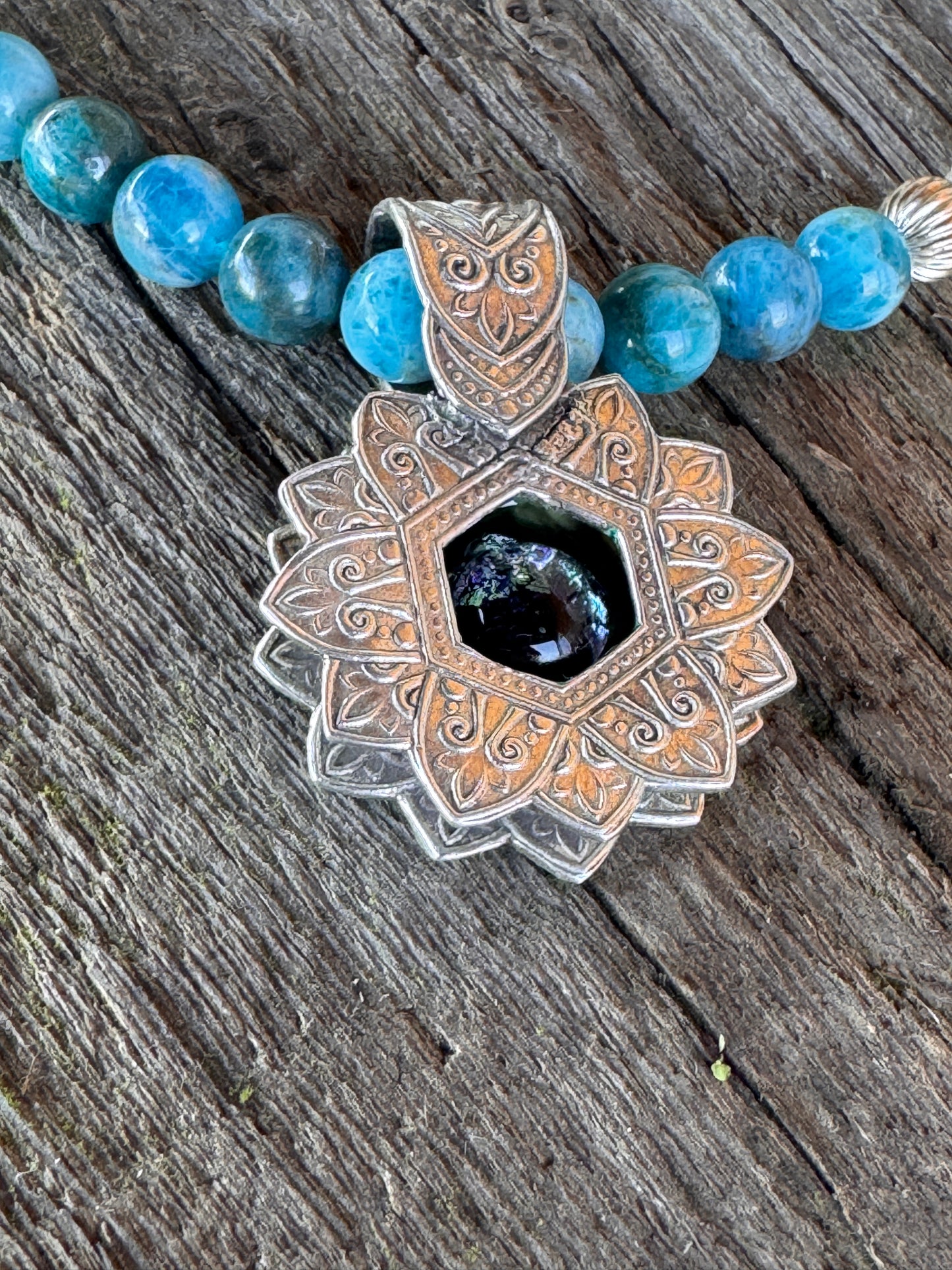 Into The Deep Necklace - Dichroic Glass Sterling Silver Shadow Box Pendant With Appetite And Sterling Silver Beaded Chain