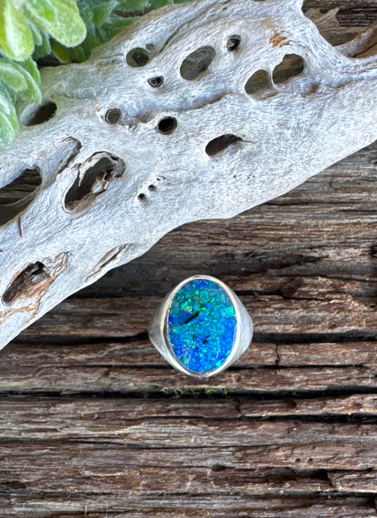 Neptunes Seal Signet Ring - Sterling Silver And Crushed Blue Opal Inlay