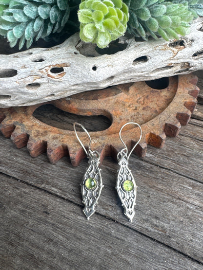Looking Glass Peridot Earrings - Ornate Sterling Silver And Genuine Peridot Gemstone Dangle Earrings