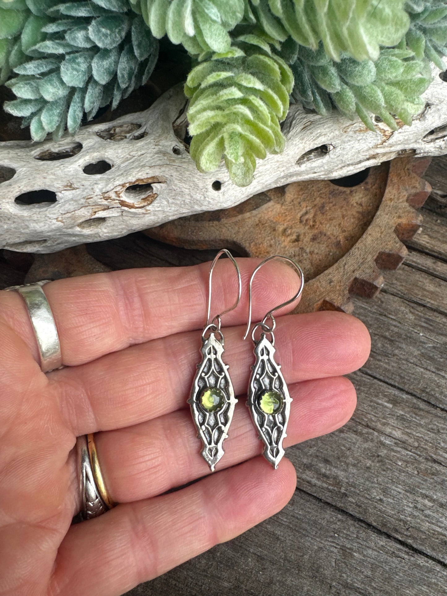 Looking Glass Peridot Earrings - Ornate Sterling Silver And Genuine Peridot Gemstone Dangle Earrings