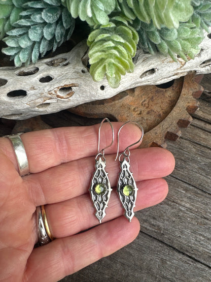 Looking Glass Peridot Earrings - Ornate Sterling Silver And Genuine Peridot Gemstone Dangle Earrings