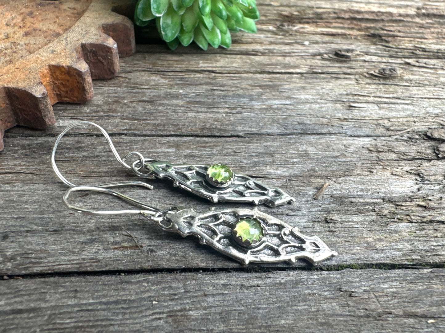 Looking Glass Peridot Earrings - Ornate Sterling Silver And Genuine Peridot Gemstone Dangle Earrings