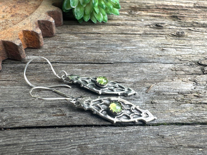 Looking Glass Peridot Earrings - Ornate Sterling Silver And Genuine Peridot Gemstone Dangle Earrings