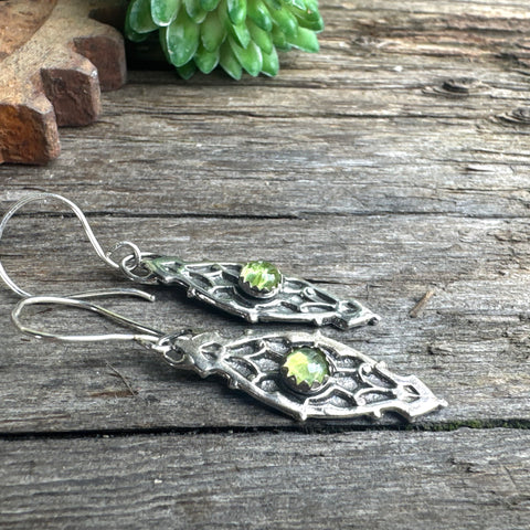 Looking Glass Peridot Earrings - Ornate Sterling Silver And Genuine Peridot Gemstone Dangle Earrings
