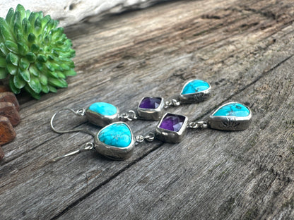 Desert Twilight Earrings - Sterling Silver Turquoise And Amethyst Triple Drop Earrings