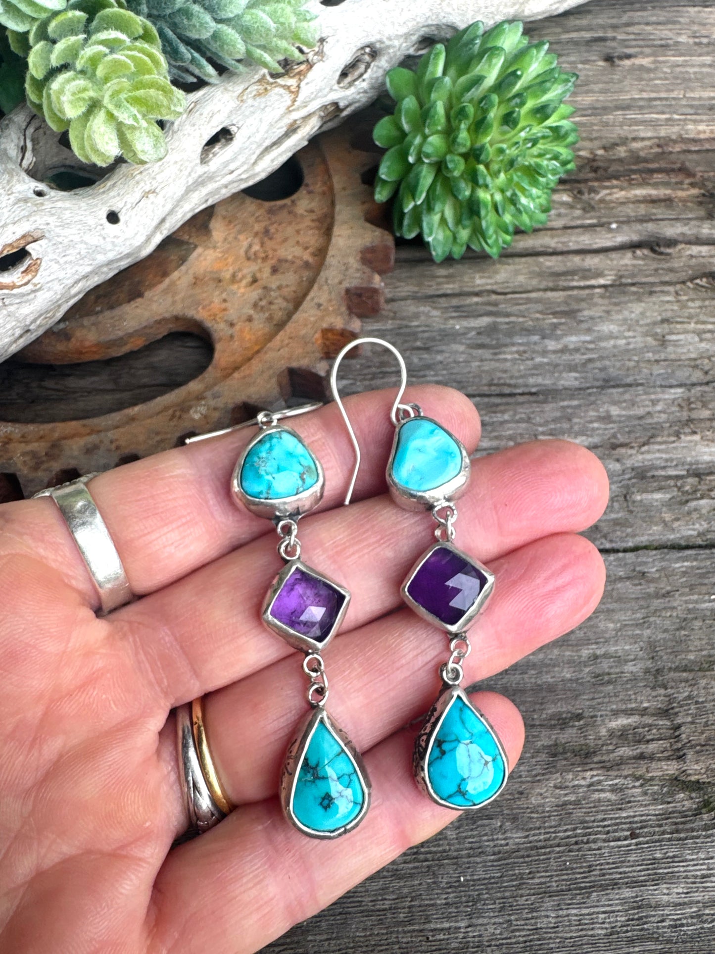 Desert Twilight Earrings - Sterling Silver Turquoise And Amethyst Triple Drop Earrings