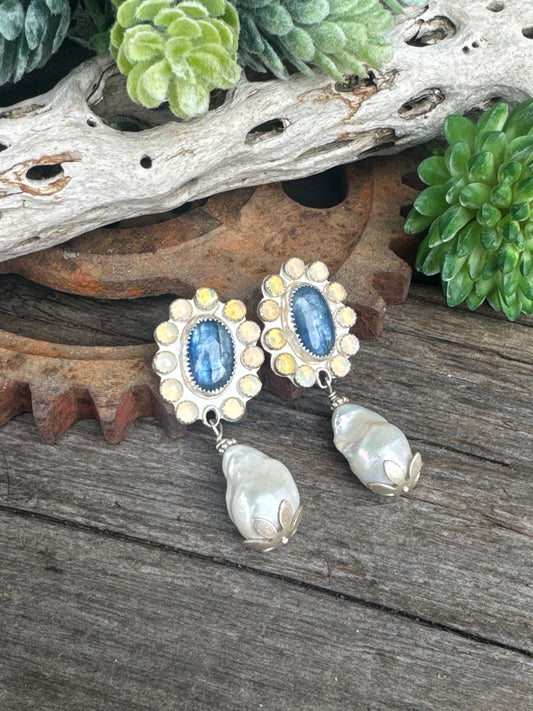 Moonlit Pearl Earrings - Sterling Silver Kyanite Opal And Freshwater Pearl Cluster Post Earrings