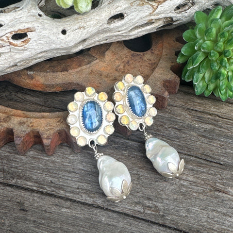 Moonlit Pearl Earrings - Sterling Silver Kyanite Opal And Freshwater Pearl Cluster Post Earrings