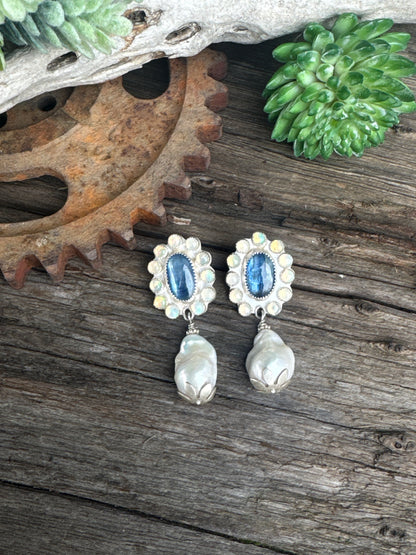 Moonlit Pearl Earrings - Sterling Silver Kyanite Opal And Freshwater Pearl Cluster Post Earrings
