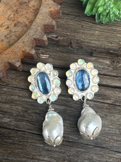 Moonlit Pearl Earrings - Sterling Silver Kyanite Opal And Freshwater Pearl Cluster Post Earrings