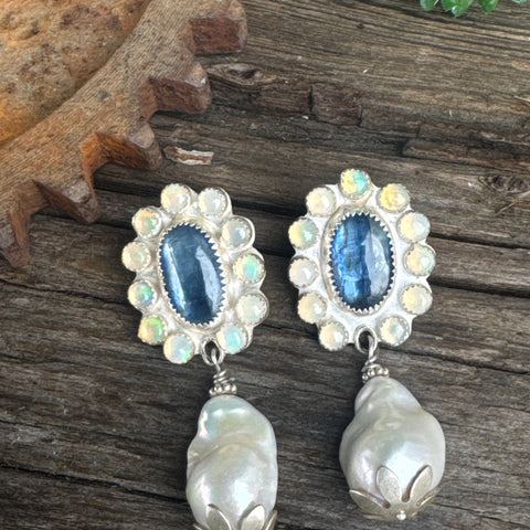 Moonlit Pearl Earrings - Sterling Silver Kyanite Opal And Freshwater Pearl Cluster Post Earrings