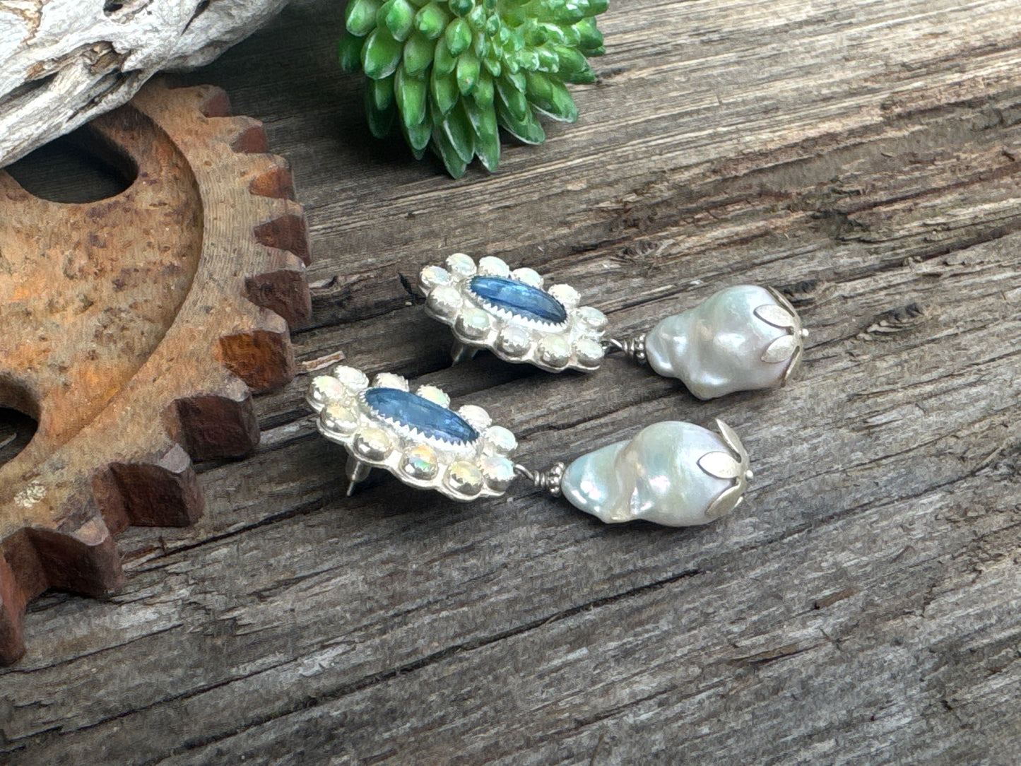 Moonlit Pearl Earrings - Sterling Silver Kyanite Opal And Freshwater Pearl Cluster Post Earrings
