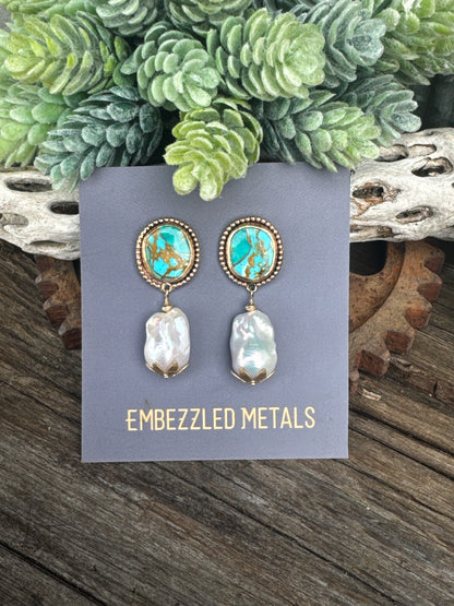 Turquoise Treasure Pearl Earrings - 14k Gold-Filled Kingman Turquoise And Baroque Freshwater Pearl Drop Earrings