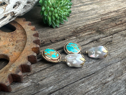 Turquoise Treasure Pearl Earrings - 14k Gold-Filled Kingman Turquoise And Baroque Freshwater Pearl Drop Earrings