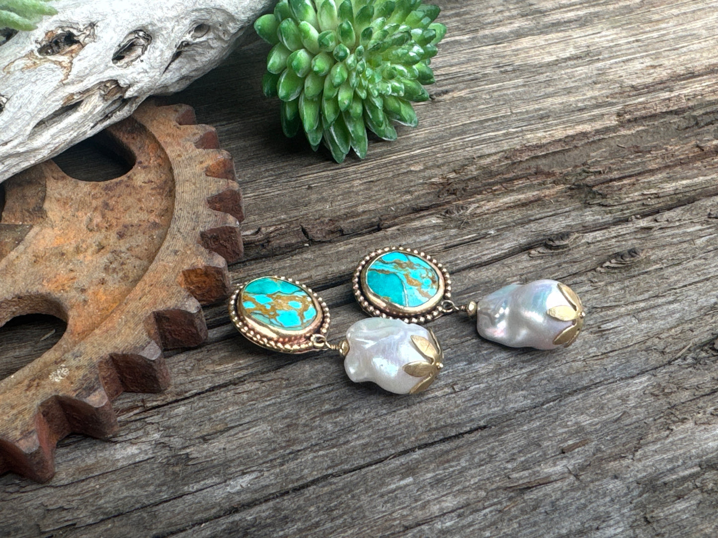 Turquoise Treasure Pearl Earrings - 14k Gold-Filled Kingman Turquoise And Baroque Freshwater Pearl Drop Earrings