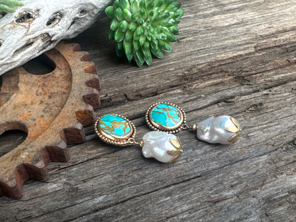 Turquoise Treasure Pearl Earrings - 14k Gold-Filled Kingman Turquoise And Baroque Freshwater Pearl Drop Earrings
