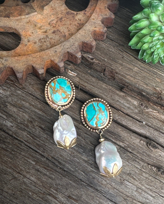Turquoise Treasure Pearl Earrings - 14k Gold-Filled Kingman Turquoise And Baroque Freshwater Pearl Drop Earrings