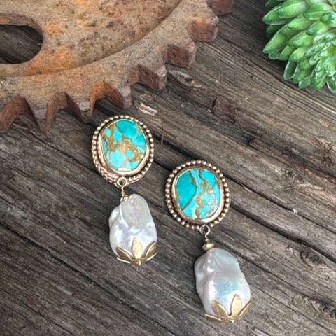 Turquoise Treasure Pearl Earrings - 14k Gold-Filled Kingman Turquoise And Baroque Freshwater Pearl Drop Earrings