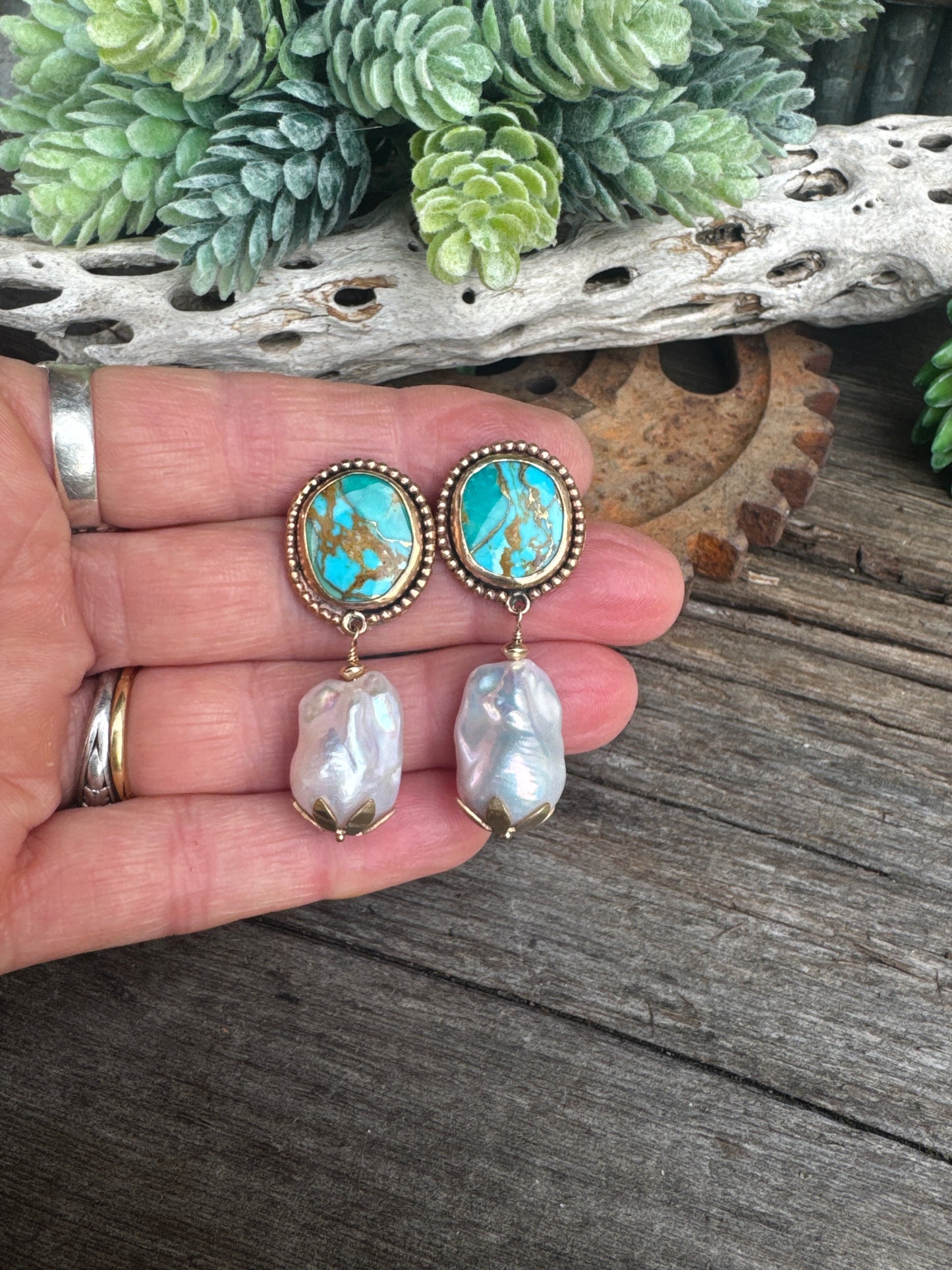 Turquoise Treasure Pearl Earrings - 14k Gold-Filled Kingman Turquoise And Baroque Freshwater Pearl Drop Earrings