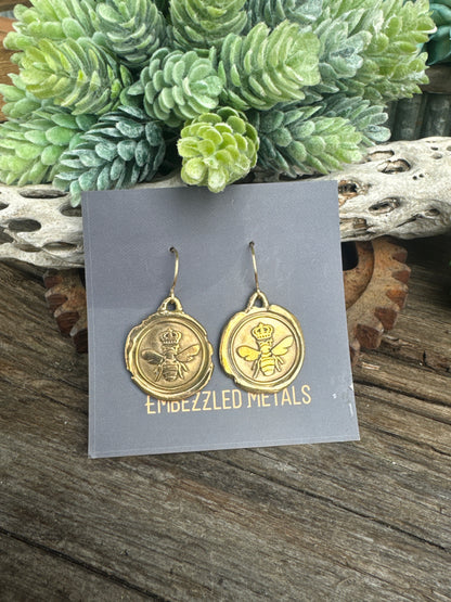 Golden Queen Bee Earrings - Gold Bronze 14k Gold Filled Queen Bee Wax Seal Earrings