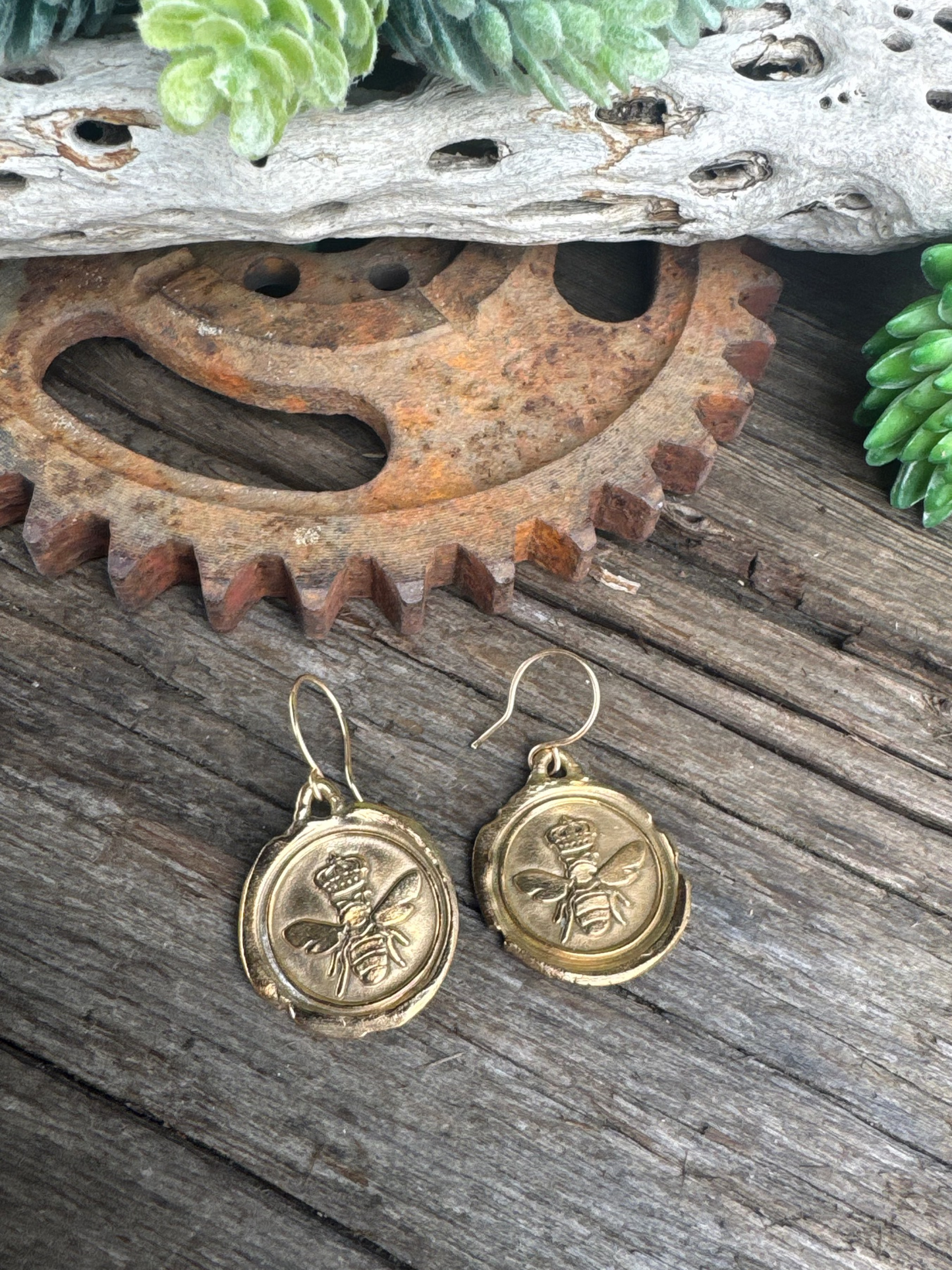 Golden Queen Bee Earrings - Gold Bronze 14k Gold Filled Queen Bee Wax Seal Earrings