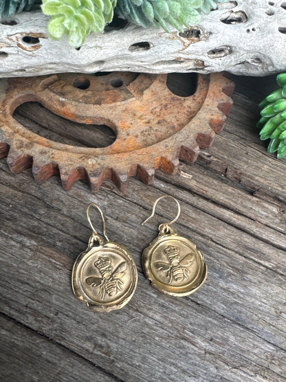 Golden Queen Bee Earrings - Gold Bronze 14k Gold Filled Queen Bee Wax Seal Earrings