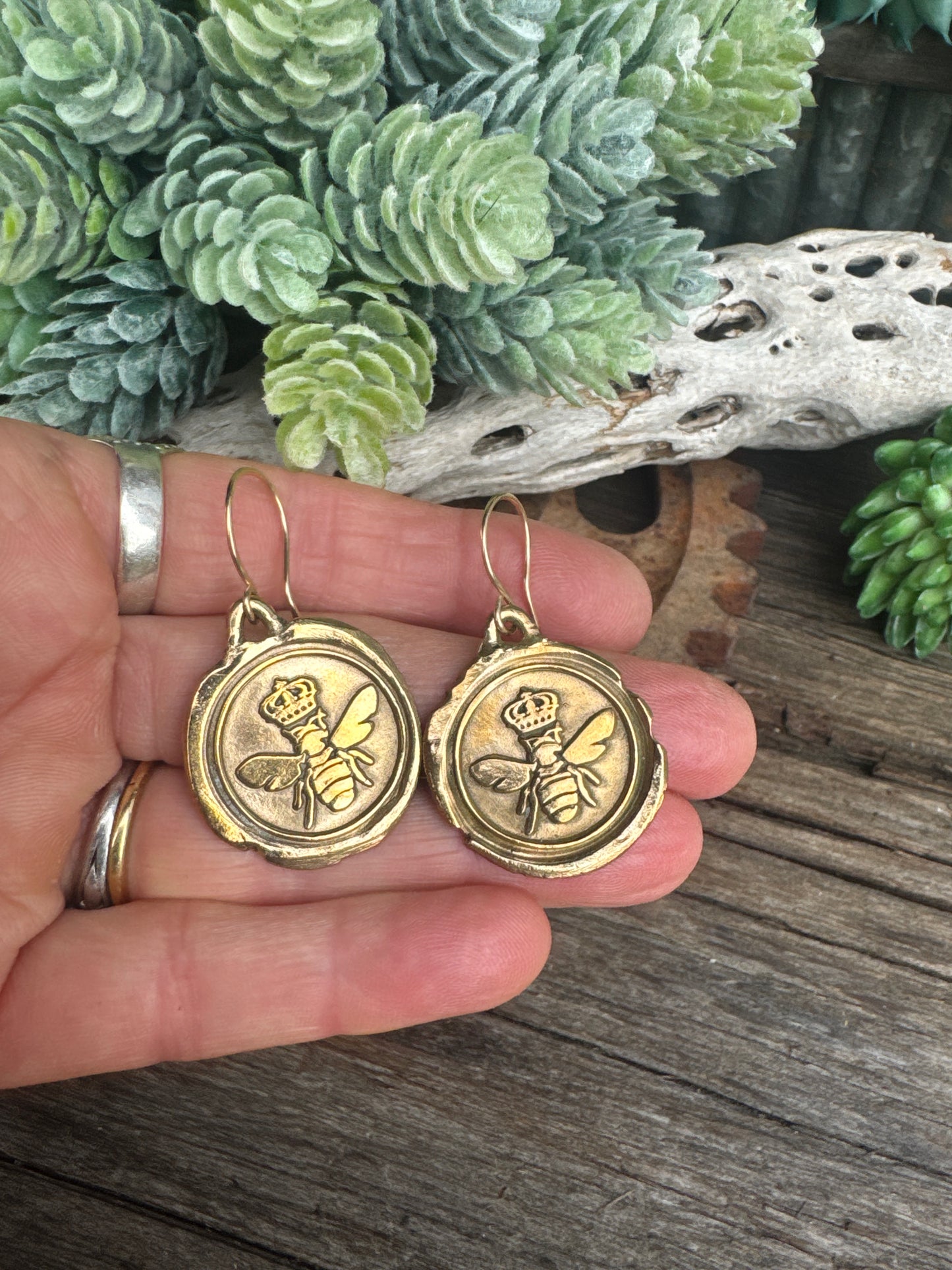 Golden Queen Bee Earrings - Gold Bronze 14k Gold Filled Queen Bee Wax Seal Earrings
