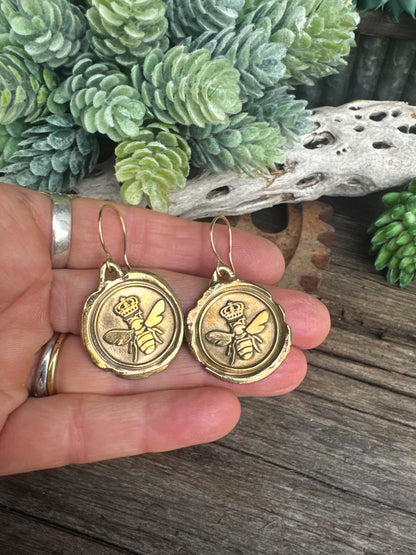 Golden Queen Bee Earrings - Gold Bronze 14k Gold Filled Queen Bee Wax Seal Earrings