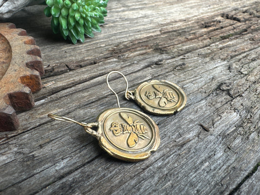 Golden Queen Bee Earrings - Gold Bronze 14k Gold Filled Queen Bee Wax Seal Earrings