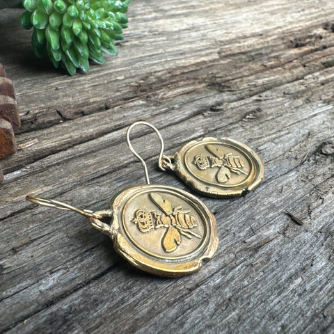 Golden Queen Bee Earrings - Gold Bronze 14k Gold Filled Queen Bee Wax Seal Earrings