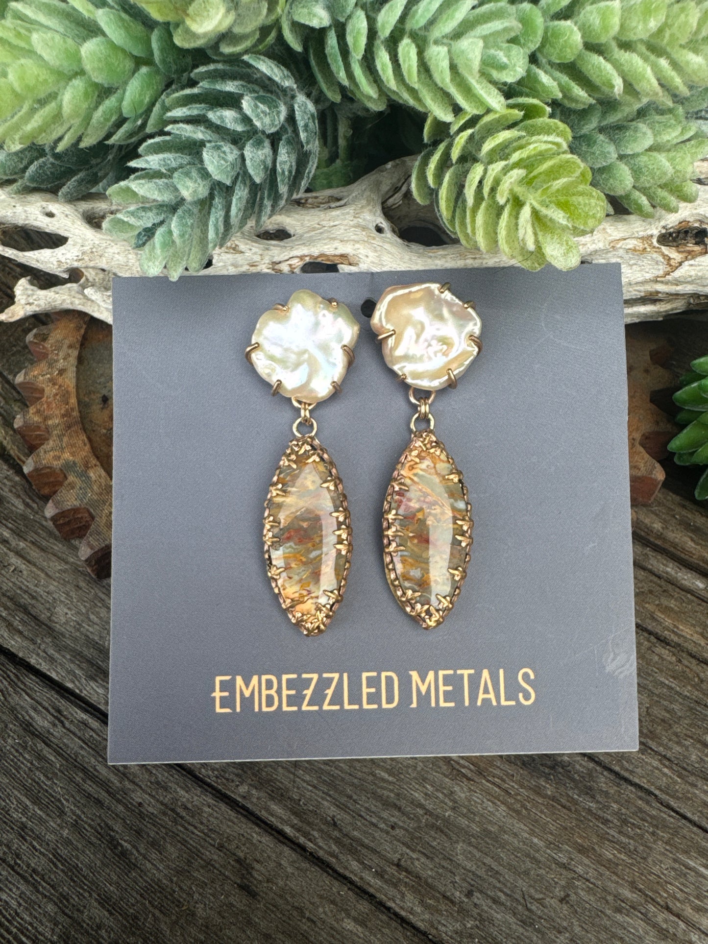 Desert Sunset Pearl Earrings - 14k Gold Filled Freshwater Peach Pearls And Rattlesnake Jasper Drop Earrings