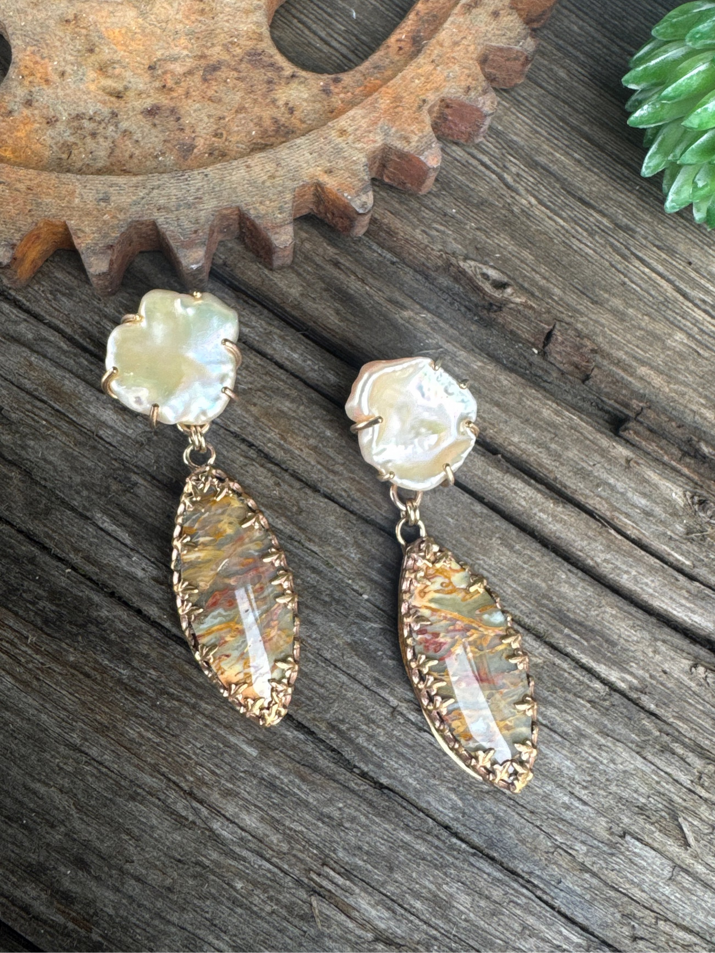 Desert Sunset Pearl Earrings - 14k Gold Filled Freshwater Peach Pearls And Rattlesnake Jasper Drop Earrings