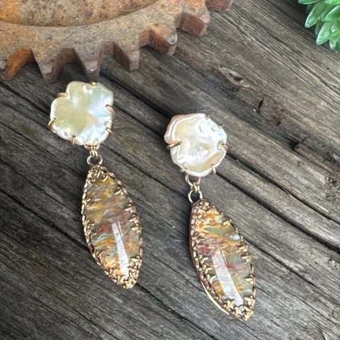 Desert Sunset Pearl Earrings - 14k Gold Filled Freshwater Peach Pearls And Rattlesnake Jasper Drop Earrings