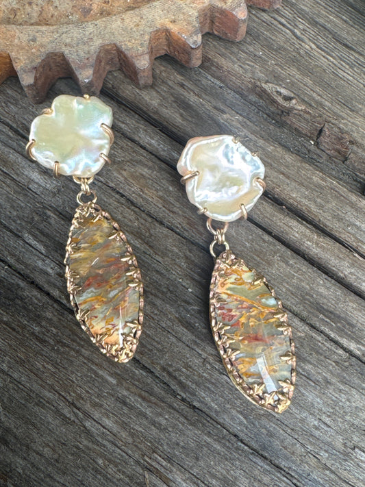 Desert Sunset Pearl Earrings - 14k Gold Filled Freshwater Peach Pearls And Rattlesnake Jasper Drop Earrings