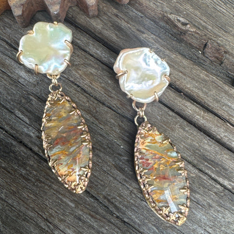 Desert Sunset Pearl Earrings - 14k Gold Filled Freshwater Peach Pearls And Rattlesnake Jasper Drop Earrings