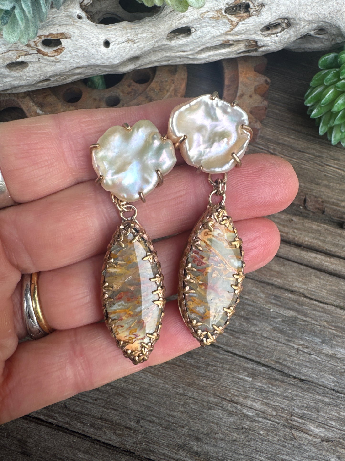 Desert Sunset Pearl Earrings - 14k Gold Filled Freshwater Peach Pearls And Rattlesnake Jasper Drop Earrings