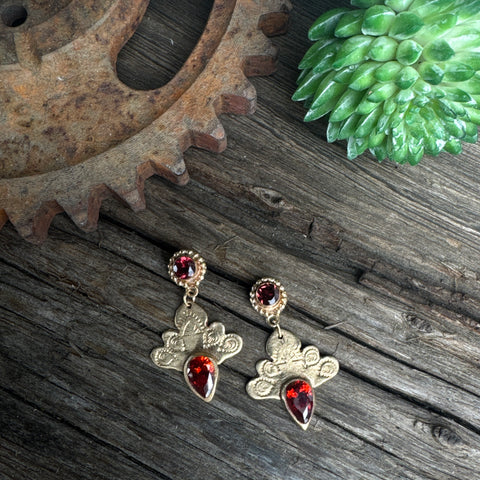Sacred Garnet Earrings - Golden Bronze Faceted Garnet Drop Earrings