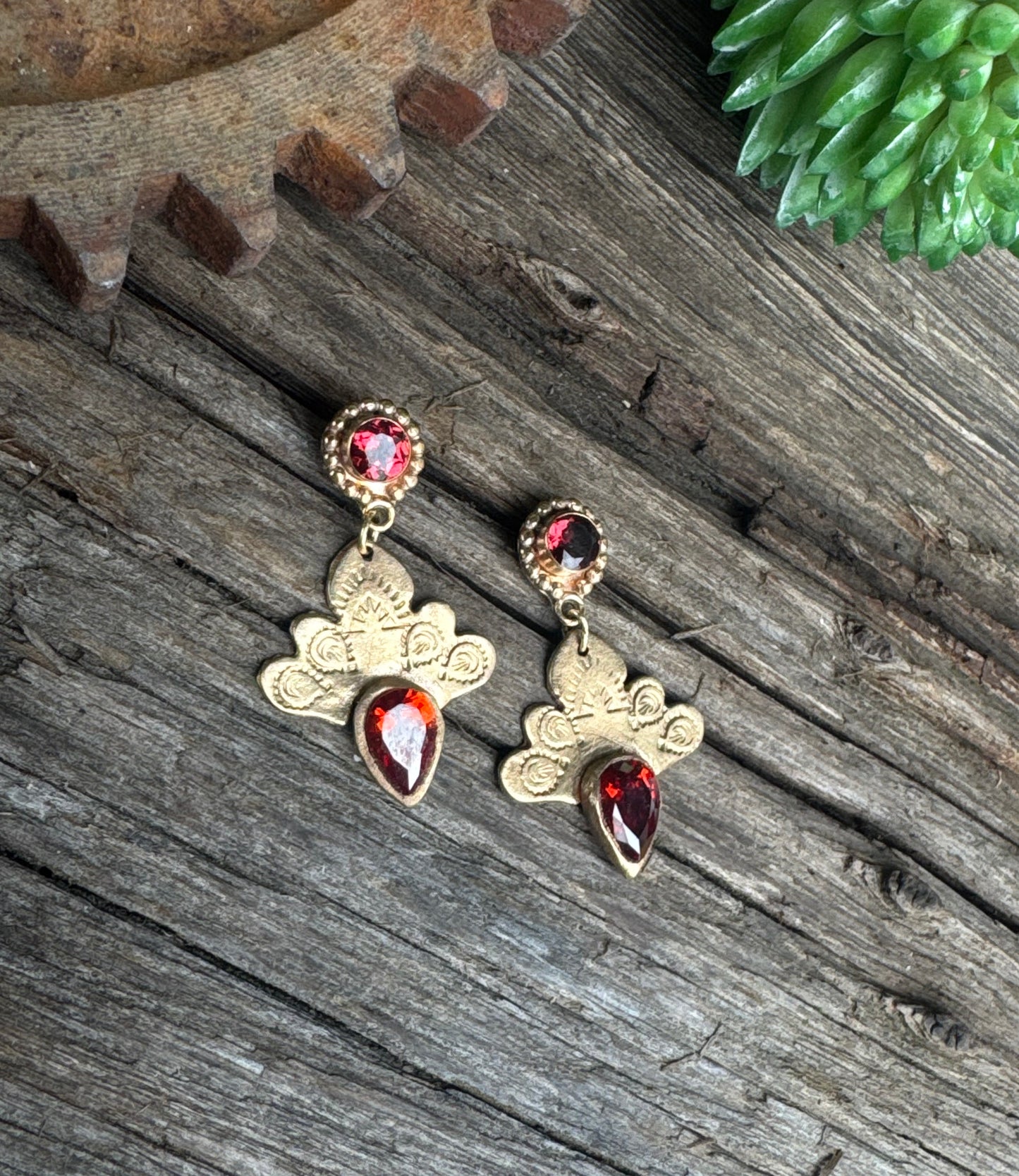 Sacred Garnet Earrings - Golden Bronze Faceted Garnet Drop Earrings